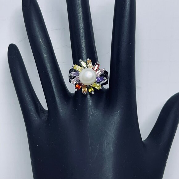 Silver Tone Multi-Colored Rhinestones & Faux Pearl Statement Ring Size 5 (R430) - Picture 1 of 9